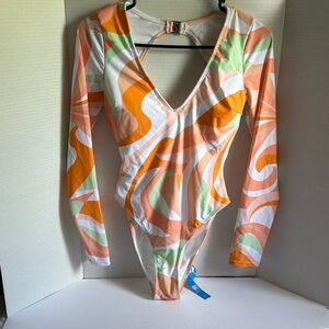 Cupshe Women's Orange and Green Swirl One Piece, Padded, long Sleeve, S Preowned